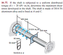10-77. If the shaft is subjected to a uniform distributed
torque of t = 20 kN - m/m, determine the maximum shear
stress developed in the shaft. The shaft is made of 2014-T6
aluminum alloy and is fixed at A und C.
400
20 kNj0 mm
80
60
Section a-a
