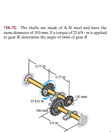 *10-72. The shafts are made of A-36 steel and have the
same diameter of 100 mm. If a torque of 25 kN - mis applied
to gear B, determine the angle of twist of gear B
150 mm
25 kN-m
300 mm
0.9 m
