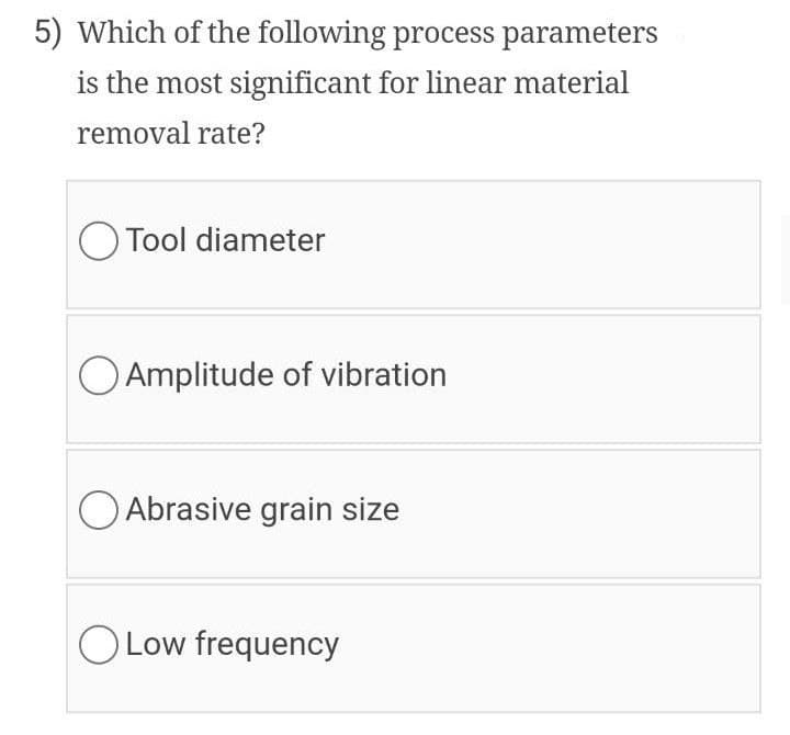 5) Which of the following process parameters
is the most significant for linear material
removal rate?
O Tool diameter
O Amplitude of vibration
O Abrasive grain size
OLow frequency
