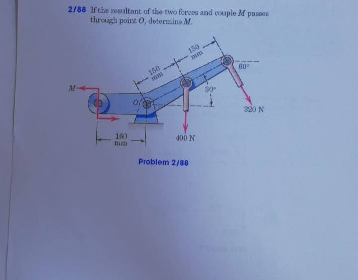 2/88 If the resultant of the two forces and couple M passes
through point O, determine M.
150
mm
150
mm
M
60
30
of
320 N
160
mm
400 N
Problem 2/88
