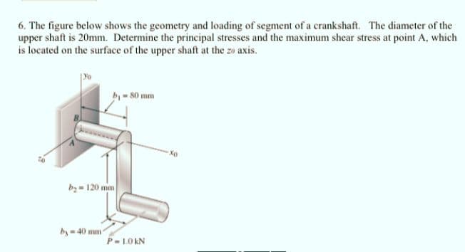 6. The figure below shows the geometry and loading of segment of a crankshaft. The diameter of the
upper shaft is 20mm. Determine the principal stresses and the maximum shear stress at point A, which
is located on the surface of the upper shaft at the zo axis.
b-80 mm
Xo
bz = 120 mm
by- 40 mm
P-LOKN
