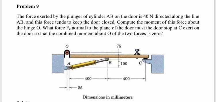 Problem 9
The force exerted by the plunger of cylinder AB on the door is 40 N directed along the line
AB, and this force tends to keep the door closed. Compute the moment of this force about
the hinge O. What force F, normal to the plane of the door must the door stop at C exert on
the door so that the combined moment about O of the two forces is zero?
75
100
400
400
25
Dimensions in millimeters
