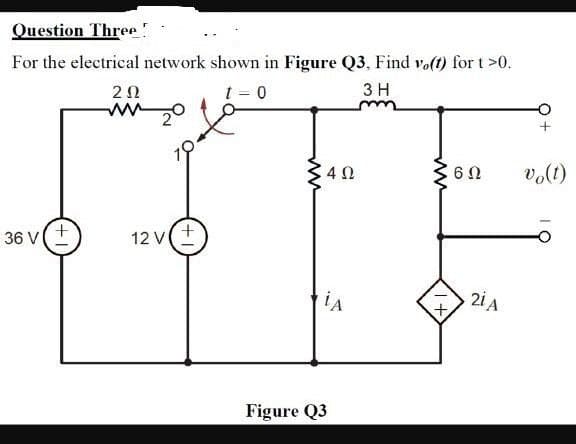 Question Three!
For the electrical network shown in Figure Q3, Find vo(t) for t>0.
t = 0
2Ω
3 H
6Ω
vo(t)
36 V
12 V(+
21A
2iA
Figure Q3
+1
