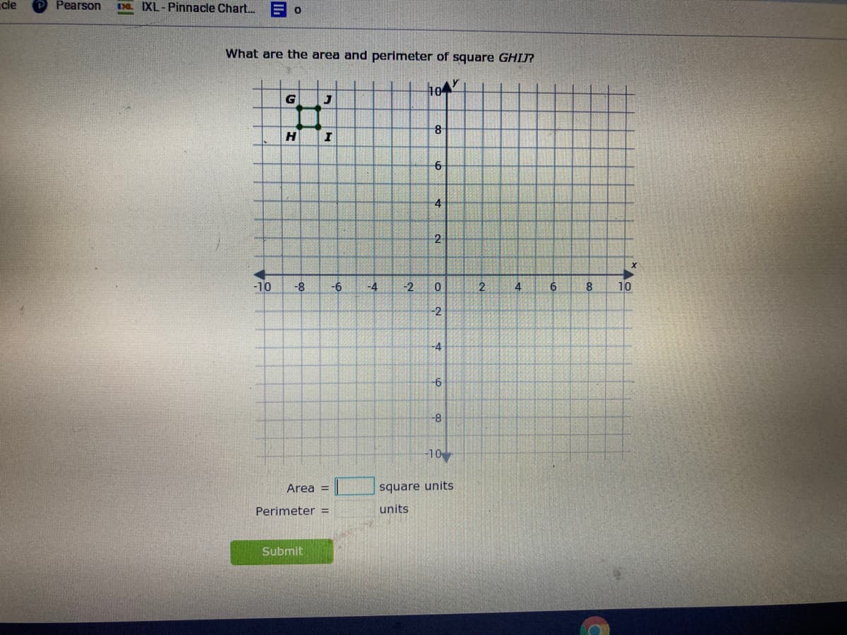 cle
Pearson
EL IXL-Pinnacle Chart.
What are the area and perimeter of square GHIJ?
h04
6
4
2
-10
-8
-6
-4
-2
4.
6.
8
10
-2
-6
8-
-10
Area =
square units
Perimeter =
units
Submit
4.
