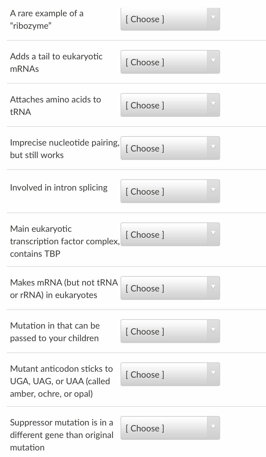 A rare example of a
[ Choose ]
"ribozyme"
Adds a tail to eukaryotic
[ Choose ]
MRNAS
Attaches amino acids to
[ Choose ]
TRNA
Imprecise nucleotide pairing,
[ Choose ]
but still works
Involved in intron splicing
[ Choose ]
Main eukaryotic
[ Choose ]
transcription factor complex,
contains TBP
Makes mRNA (but not tRNA
[ Choose ]
or FRNA) in eukaryotes
Mutation in that can be
[ Choose ]
passed to your children
Mutant anticodon sticks to
[ Choose ]
UGA, UAG, or UAA (called
amber, ochre, or opal)
Suppressor mutation is in a
[ Choose ]
different gene than original
mutation
