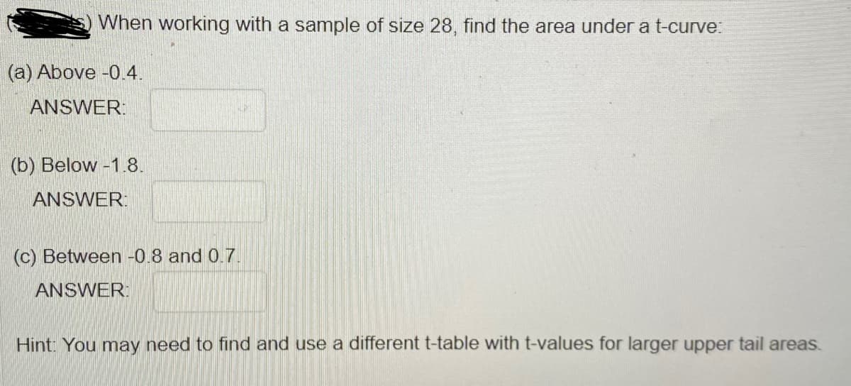 When working with a sample of size 28, find the area under a t-curve:
(a) Above -0.4.
ANSWER:
(b) Below -1.8.
ANSWER:
(c) Between -0.8 and 0.7.
ANSWER:
Hint: You may need to find and use a different t-table with t-values for larger upper tail areas.
