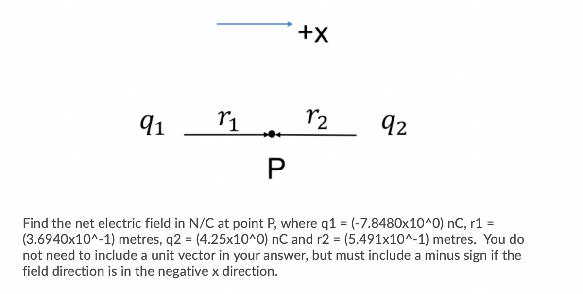 +x
91
r2
92
P
Find the net electric field in N/C at point P, where q1 = (-7.8480x10^0) nC, r1 =
(3.6940x10^-1) metres, q2 = (4.25x10^0) nC and r2 = (5.491x10^-1) metres. You do
not need to include a unit vector in your answer, but must include a minus sign if the
field direction is in the negative x direction.
%3D
