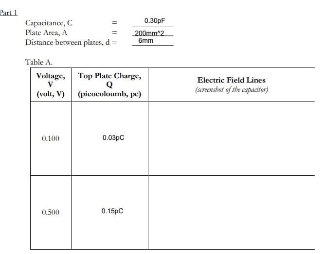 Part 1
0.30pF
Capacitance, C
Plate Area, A
Distance between plates, d =
200mm^2
6mm
Table A.
Voltage, Top Plate Charge,
Q
(picocoloumb, pc)
Electric Field Lines
V
(screenshot of the capacitor)
(volt, V)
0.100
0.03pC
0.500
0.15pC
IL || ||
