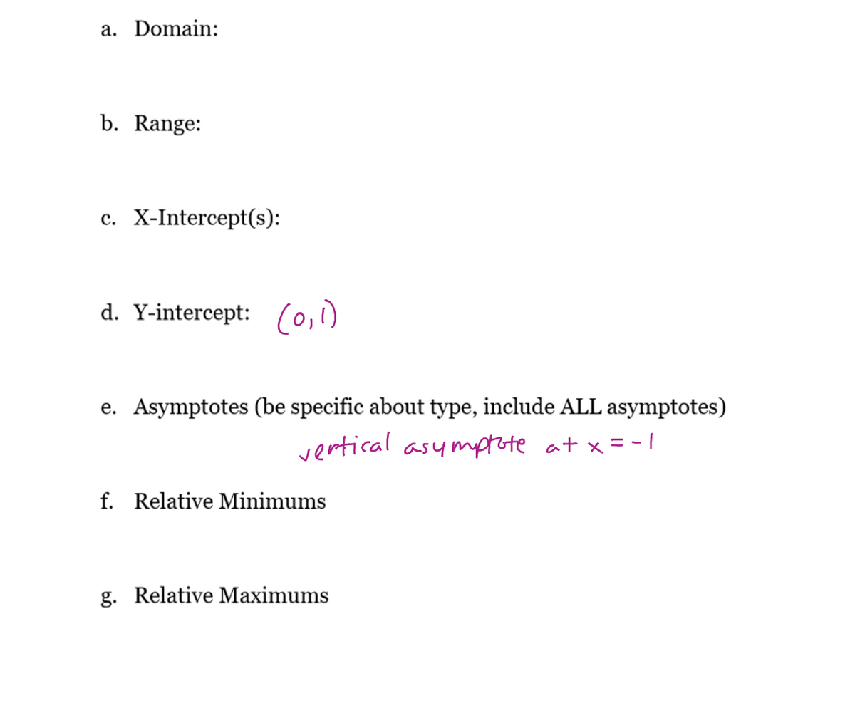 a. Domain:
b. Range:
c. X-Intercept(s):
d. Y-intercept: (o,1)
e. Asymptotes (be specific about type, include ALL asymptotes)
vertical asymprote at x = - |
f. Relative Minimums
g. Relative Maximums
