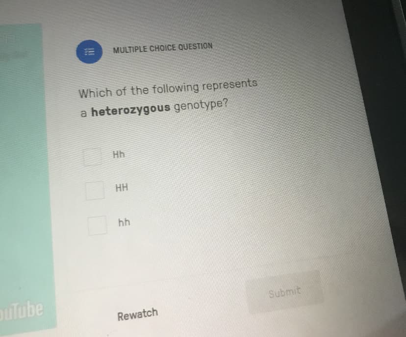 MULTIPLE CHOICE QUESTION
Which of the following represents
a heterozygous genotype?
Hh
HH
44
ouTube
Submit
Rewatch
