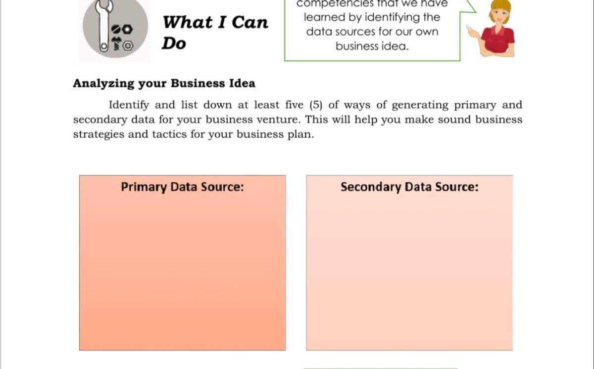 competencies that we have
What I Can
learned by identifying the
data sources for our own
Do
business idea.
Analyzing your Business Idea
Identify and list down at least five (5) of ways of generating primary and
secondary data for your business venture. This will help you make sound business
strategies and tactics for your business plan.
Primary Data Source:
Secondary Data Source:
