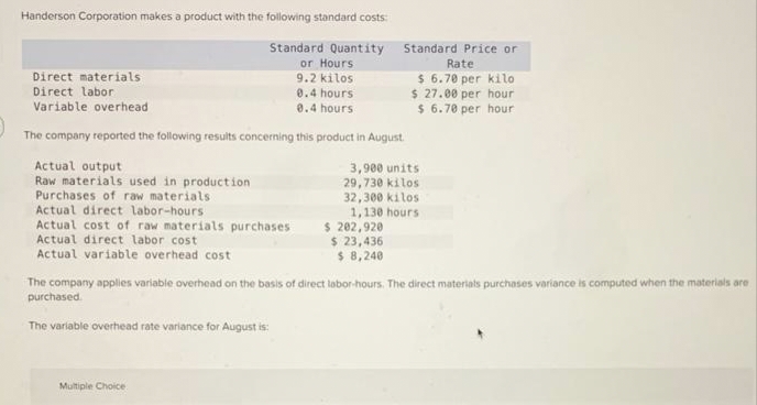 Handerson Corporation makes a product with the following standard costs:
Standard Quantity
or Hours
9.2 kilos
Direct materials
Direct labor.
0.4 hours
Variable overhead
0.4 hours
The company reported the following results concerning this product in August
Actual output
Raw materials used in production
Purchases of raw materials.
Actual direct labor-hours
Actual cost of raw materials purchases
Actual direct labor cost
Actual variable overhead cost
Multiple Choice
Standard Price or
Rate
$ 6.70 per kilo
$ 27.00 per hour
$ 6.70 per hour
3,900 units
29,730 kilos
32,300 kilos
1,130 hours
$ 202,920
$ 23,436
$ 8,240
The company applies variable overhead on the basis of direct labor-hours. The direct materials purchases variance is computed when the materials are
purchased.
The variable overhead rate variance for August is: