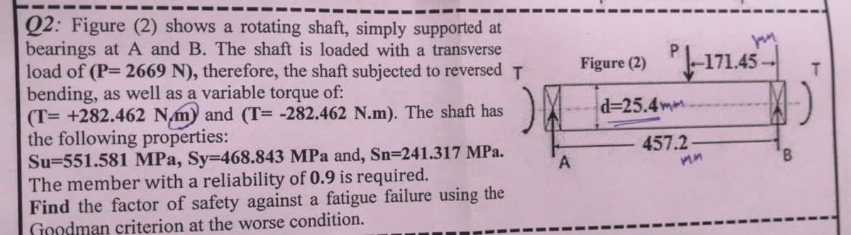 Q2: Figure (2) shows a rotating shaft, simply supported at
bearings at A and B. The shaft is loaded with a transverse
load of (P= 2669 N), therefore, the shaft subjected to reversed T
bending, as well as a variable torque of:
(T= +282.462 Nm) and (T= -282.462 N.m). The shaft has
the following properties:
Su=551.581 MPa, Sy-468.843 MPa and, Sn=241.317 MPa.
The member with a reliability of 0.9 is required.
Find the factor of safety against a fatigue failure using the
Goodman criterion at the worse condition.
Figure (2) -171.45 --
T.
d=25.4m
457.2-
A
B.

