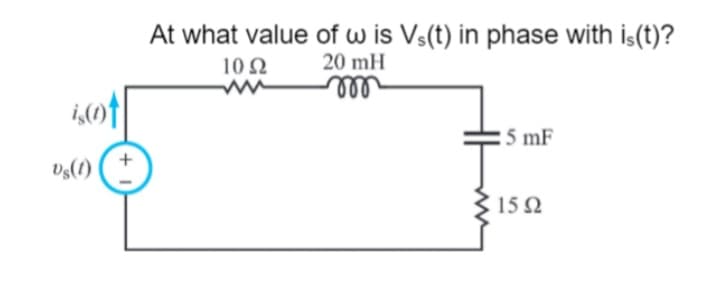 At what value of w is Vs(t) in phase with is(t)?
10Ω
20 mH
ell
:5 mF
v,(1) ( +
15 N
