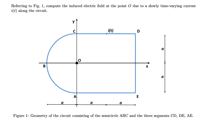Referring to Fig. 1, compute the induced electric field at the point O due to a slowly time-varying current
i(t) along the circuit.
i(t)
B.
A
E
a
a
Figure 1: Geometry of the circuit consisting of the semicircle ABC and the three segments CD, DE, AE.
