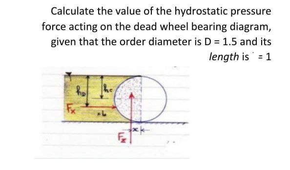 Calculate the value of the hydrostatic pressure
force acting on the dead wheel bearing diagram,
given that the order diameter is D = 1.5 and its
length is = 1
%3D
he
Fx
