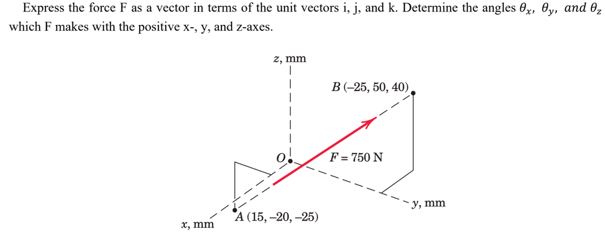 Express the force F as a vector in terms of the unit vectors i, j, and k. Determine the angles 0x, 0y, and 0,
which F makes with the positive x-, y, and z-axes.
2, mm
|
В (-25, 50, 40)
F = 750 N
y, mm
А (15, -20, -25)
X, mm
