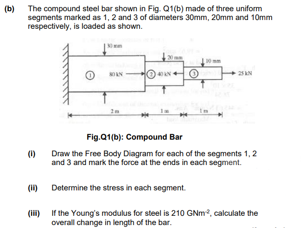 The compound steel bar shown in Fig. Q1(b) made of three uniform
segments marked as 1, 2 and 3 of diameters 30mm, 20mm and 10mm
respectively, is loaded as shown.
(b)
30 mm
20 mm
10 mm
80 kN
40 kN +
- 25 kN
2 m
1m
Fig.Q1(b): Compound Bar
(i)
Draw the Free Body Diagram for each of the segments 1, 2
and 3 and mark the force at the ends in each segment.
(ii)
Determine the stress in each segment.
If the Young's modulus for steel is 210 GNM², calculate the
overall change in length of the bar.
(ii)
