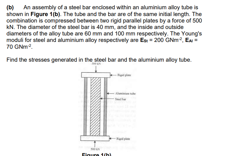(b) An assembly of a steel bar enclosed within an aluminium alloy tube is
shown in Figure 1(b). The tube and the bar are of the same initial length. The
combination is compressed between two rigid parallel plates by a force of 500
kN. The diameter of the steel bar is 40 mm, and the inside and outside
diameters of the alloy tube are 60 mm and 100 mm respectively. The Young's
moduli for steel and aluminium alloy respectively are Est = 200 GNM2, EAI =
70 GNM2.
Find the stresses generated in the steel bar and the aluminium alloy tube.
5001
Rigid plate
Aluminium tube
Steel bar
Rigid plate
500 KN
Figure 1(h)
