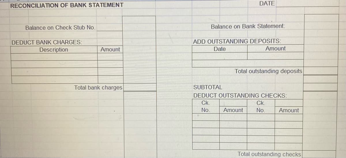 RECONCILIATION OF BANK STATEMENT
Balance on Check Stub No.
DEDUCT BANK CHARGES:
Description
Amount
Total bank charges
DATE
Balance on Bank Statement:
ADD OUTSTANDING DEPOSITS:
Date
Amount
Total outstanding deposits
SUBTOTAL
DEDUCT OUTSTANDING CHECKS:
Ck.
No.
Amount
Ck.
No.
Amount
Total outstanding checks