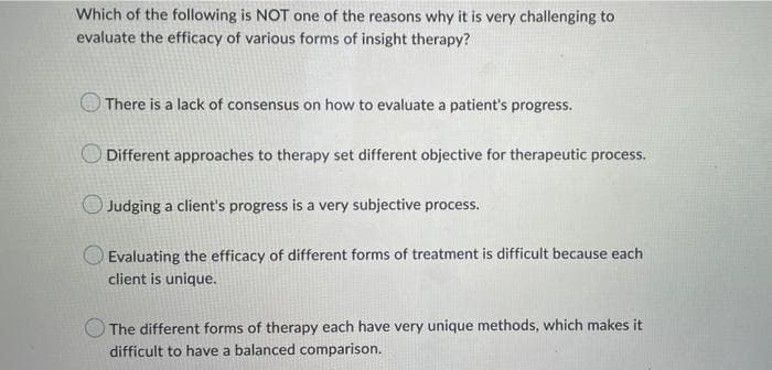 Which of the following is NOT one of the reasons why it is very challenging to
evaluate the efficacy of various forms of insight therapy?
There is a lack of consensus on how to evaluate a patient's progress.
Different approaches to therapy set different objective for therapeutic process.
Judging a client's progress is a very subjective process.
Evaluating the efficacy of different forms of treatment is difficult because each
client is unique.
The different forms of therapy each have very unique methods, which makes it
difficult to have a balanced comparison.
