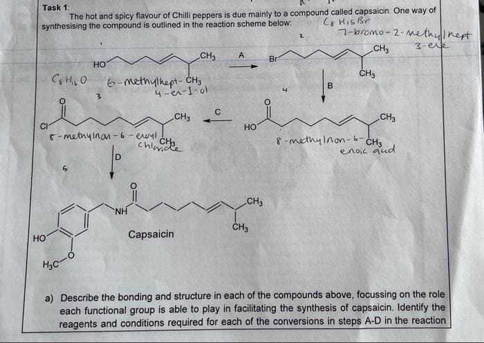 Task 1:
The hot and spicy flavour of Chilli peppers is due mainly to a compound called capsaicin. One way of
synthesising the compound is outlined in the reaction scheme below:
CE His Br
7-bromo - 2-
-methyinept
3-ee
CH3
CH3
A
Br
Но
ČH3
6-methylkept- CH3
4-a-1-0l
CH3
CH3
но
-metnyinan -6-ewyl
chla
8-methylnon-6-CH3
enoic qud
CH3
H.
ČH3
Capsaicin
Но
a) Describe the bonding and structure in each of the compounds above, focussing on the role
each functional group is able to play in facilitating the synthesis of capsaicin. Identify the
reagents and conditions required for each of the conversions in steps A-D in the reaction
