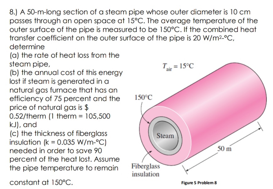 8.) A 50-m-long section of a steam pipe whose outer diameter is 10 cm
passes through an open space at 15°C. The average temperature of the
outer surface of the pipe is measured to be 150°C. If the combined heat
transfer coefficient on the outer surface of the pipe is 20 W/m2-°C,
determine
(a) the rate of heat loss from the
steam pipe,
(b) the annual cost of this energy
lost if steam is generated in a
natural gas furnace that has an
efficiency of 75 percent and the
price of natural gas is $
0.52/therm (1 therm = 105,500
kJ), and
(c) the thickness of fiberglass
insulation (k = 0.035 W/m-°C)
needed in order to save 90
T = 15°C
air
150°C
Steam
50 m
percent of the heat lost. Assume
the pipe temperature to remain
Fiberglass
insulation
constant at 150°C.
Figure 5 Problem 8
