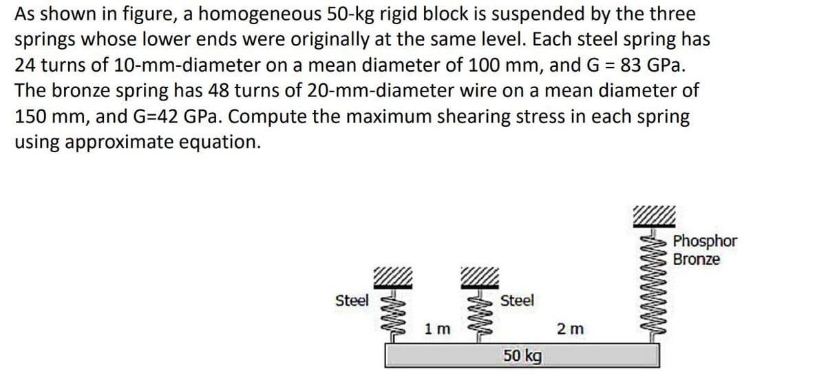 As shown in figure, a homogeneous 50-kg rigid block is suspended by the three
springs whose lower ends were originally at the same level. Each steel spring has
24 turns of 10-mm-diameter on a mean diameter of 100 mm, and G = 83 GPa.
The bronze spring has 48 turns of 20-mm-diameter wire on a mean diameter of
150 mm, and G=42 GPa. Compute the maximum shearing stress in each spring
using approximate equation.
Steel
1 m
Steel
50 kg
2 m
Phosphor
Bronze