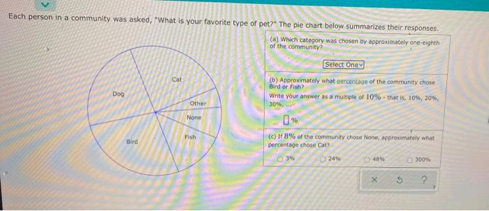 Each person in a community was asked, "What is your favorite type of pet?" The pie chart below summarizes their responses.
(a) Which category was chosen by approximately one-eighth
of the community?
Select Onev
Cat
(b) Approximately what percentage of the community chose
Bird or Fish?
Dog
Write your answer as a muitiple of 10% - that is, 10%, 20%,
30%,
Other
None
Fish
(c) If 8% of the community chose None, approximately what
Bird
percentage chose Cat?
O3%
O 24%
O 48%
O 300%
