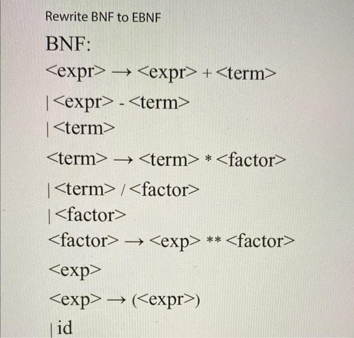 Rewrite BNF to EBNF
BNF:
<expr> → <expr> + <term>
Kexpr> - <term>
<term>
<term> → <term> * <factor>
<term> /<factor>
|<factor>
<factor> → <exp> ** <factor>
<exp>
<exp>
→ (<expr>)
id
