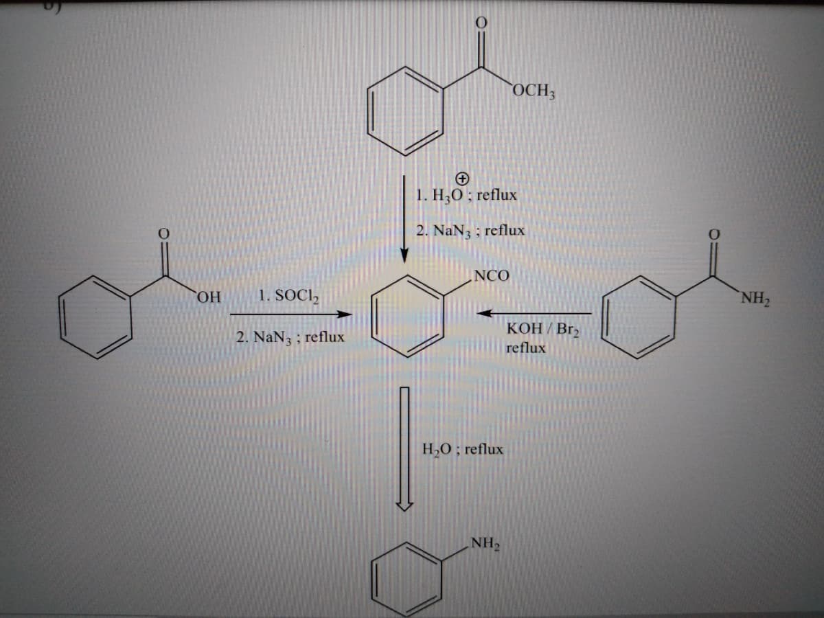 OCH;
1. H;O ; reflux
2. NaN3 ; reflux
NCO
ОН
1. SOCI,
NH2
КОН / Br,
2. NaN3 ; reflux
reflux
H,0; reflux
NH2
