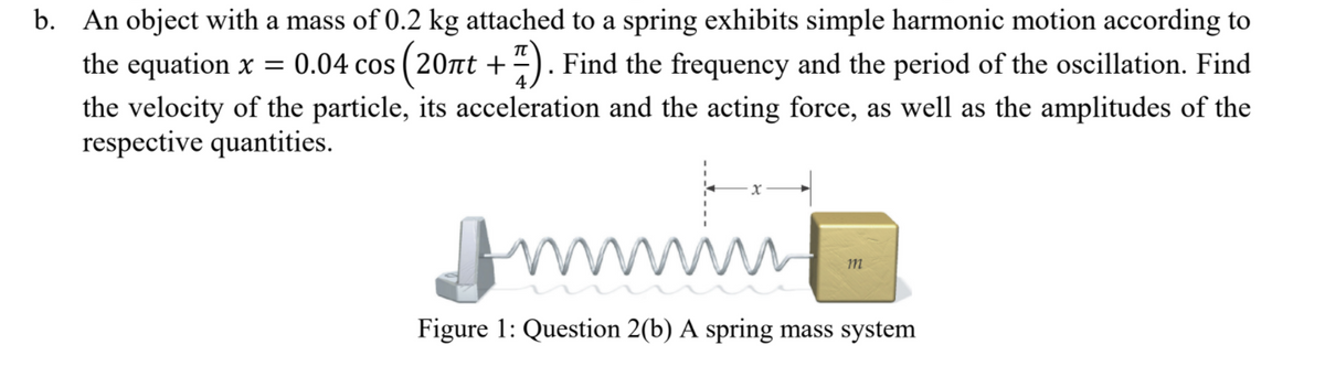 b. An object with a mass of 0.2 kg attached to a spring exhibits simple harmonic motion according to
the equation x = 0.04 cos ( 20nt +²). Find the frequency and the period of the oscillation. Find
the velocity of the particle, its acceleration and the acting force, as well as the amplitudes of the
respective quantities.
wwiw
m
Figure 1: Question 2(b) A spring mass system
