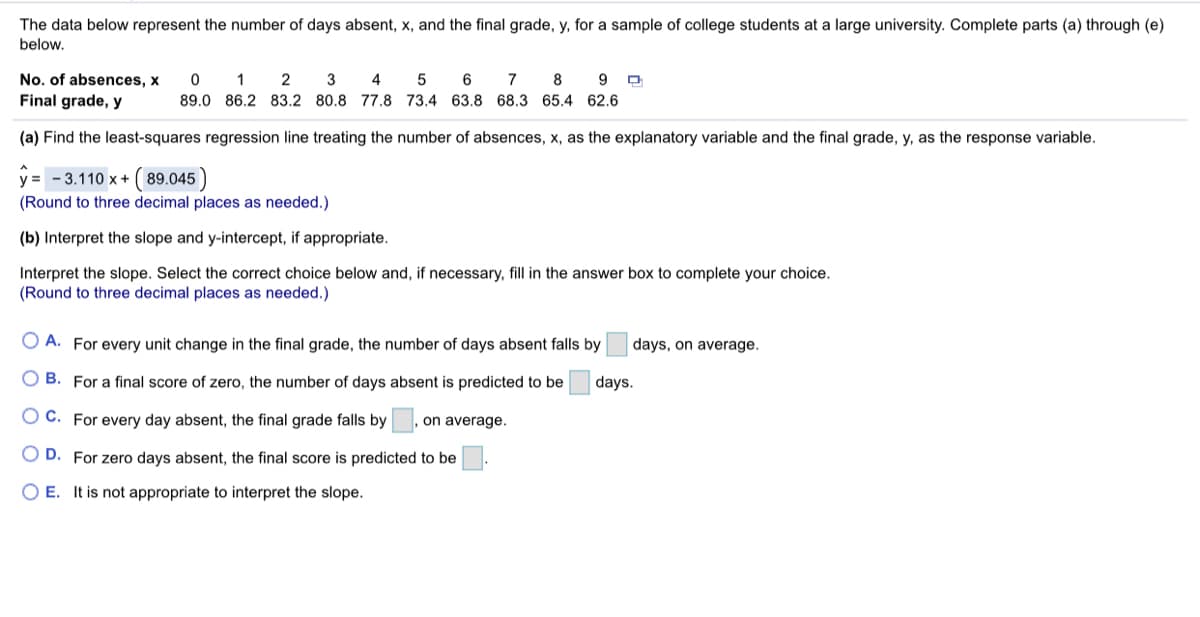 The data below represent the number of days absent, x, and the final grade, y, for a sample of college students at a large university. Complete parts (a) through (e)
below.
No. of absences, x
Final grade, y
1
2
3
4
7
8
9
89.0 86.2 83.2 80.8 77.8 73.4 63.8 68.3 65.4 62.6
(a) Find the least-squares regression line treating the number of absences, x, as the explanatory variable and the final grade, y, as the response variable.
y = - 3.110 x + ( 89.045 )
(Round to three decimal places as needed.)
(b) Interpret the slope and y-intercept, if appropriate.
Interpret the slope. Select the correct choice below and, if necessary, fill in the answer box to complete your choice.
(Round to three decimal places as needed.)
O A. For every unit change in the final grade, the number of days absent falls by
days, on average.
O B. For a final score of zero, the number of days absent is predicted to be
days.
O C. For every day absent, the final grade falls by
on average.
O D. For zero days absent, the final score is predicted to be
O E. It is not appropriate to interpret the slope.
