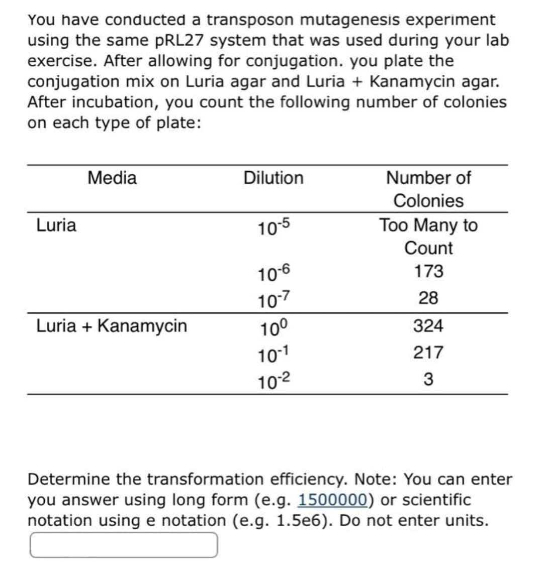 You have conducted a transposon mutagenesis experiment
using the same PRL27 system that was used during your lab
exercise. After allowing for conjugation. you plate the
conjugation mix on Luria agar and Luria + Kanamycin agar.
After incubation, you count the following number of colonies
on each type of plate:
Media
Dilution
Number of
Colonies
Too Many to
Luria
10-5
Count
10-6
173
10-7
28
Luria + Kanamycin
100
324
10-1
217
10-2
3
Determine the transformation efficiency. Note: You can enter
you answer using long form (e.g. 1500000) or scientific
notation using e notation (e.g. 1.5e6). Do not enter units.
