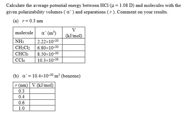Calculate the average potential energy between HC1 (u = 1.08 D) and molecules with the
given polarizability volumes ( a') and separations ( r ). Comment on your results.
(a) r= 0.3 nm
V
molecule
a' (m?)
(kJ/mol)
2.22x10-30
6.80x10-30
8.50x10-30
10.3x10-30
NH3
CH2C12
CHC13
C14
(b) a' = 10.4x10-30 m3
(benzene)
r (nm) V (kJ/mol)
0.3
0.4
0.6
1.0
