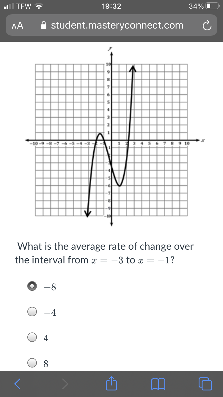 TEW ?
19:32
34%
AA
A student.masteryconnect.com
10
9.
6.
4.
-10-9 -8 -7 -6
4567 8 9 10
What is the average rate of change over
the interval from x = -3 to x = –1?
-8-
4
8
