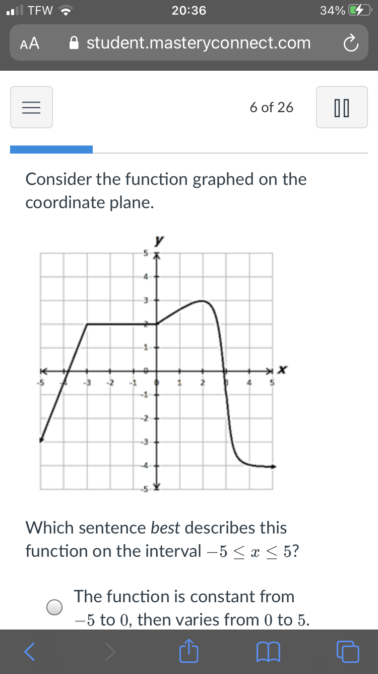 TEW ?
20:36
34%
AA
A student.masteryconnect.com
6 of 26
Consider the function graphed on the
coordinate plane.
y
4.
X
-3
2
-2
-3
Which sentence best describes this
function on the interval –5 < x < 5?
The function is constant from
-5 to 0, then varies from 0 to 5.
