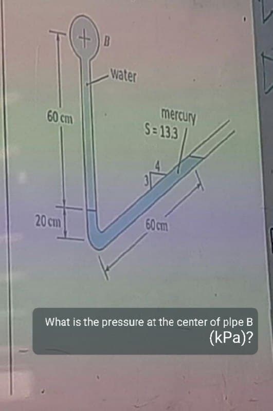 B
Water
mercury
S-133
60 cm
60 cm
20 cm
What is the pressure at the center of plpe B
(kPa)?
