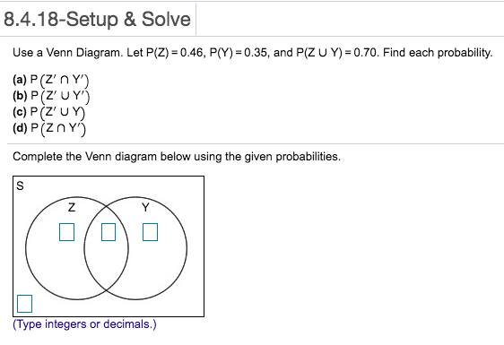 8.4.18-Setup & Solve
Use a Venn Diagram. Let P(Z) = 0.46, P(Y) = 0.35, and P(Z U Y) = 0.70. Find each probability.
(e) P (2 ηΥ)
(b) P(Z' UY')
(c) P(Z' U Y)
(d) P(znY)
Complete the Venn diagram below using the given probabilities.
(Type integers or decimals.)
