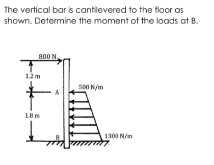 The vertical bar is cantilevered to the floor as
shown. Determine the moment of the loads at B.
800 N.
1.2 m
500 N/m
A
1.8 m
1300 N/m
