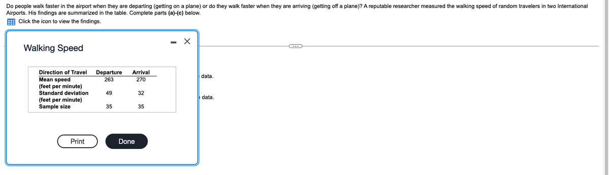 Do people walk faster in the airport when they are departing (getting on a plane) or do they walk faster when they are arriving (getting off a plane)? A reputable researcher measured the walking speed of random travelers in two International
Airports. His findings are summarized in the table. Complete parts (a)-(c) below.
E Click the icon to view the findings.
- X
Walking Speed
Direction of Travel
Departure
Arrival
data,
Mean speed
(feet per minute)
Standard deviation
(feet per minute)
Sample size
263
270
49
32
data,
35
35
Print
Done
