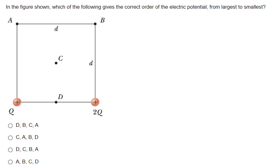 In the figure shown, which of the following gives the correct order of the electric potential, from largest to smallest?
A
B
d
C
d
D
+
2Q
OD, В, С, А
О С,А, В, D
OD, С, В, А
ОА, В, С, D
