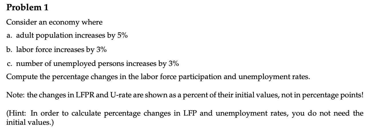 Consider an economy where
a. adult population increases by 5%
b. labor force increases by 3%
c. number of unemployed persons increases by 3%
Compute the percentage changes in the labor force participation and unemployment rates.
Note: the changes in LFPR and U-rate are shown as a percent of their initial values, not in percentage points!
(Hint: In order to calculate percentage changes in LFP and unemployment rates, you do not need the
initial values.)

