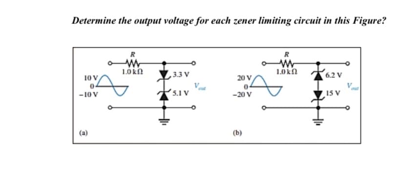 Determine the output voltage for each zener limiting circuit in this Figure?
R
R
1.0 kN
1.0kn
10V/
3.3 V
20 V
6.2 V
04
-20 V
ut
out
-10 V
5.1 V
15 V
(a)
(b)
