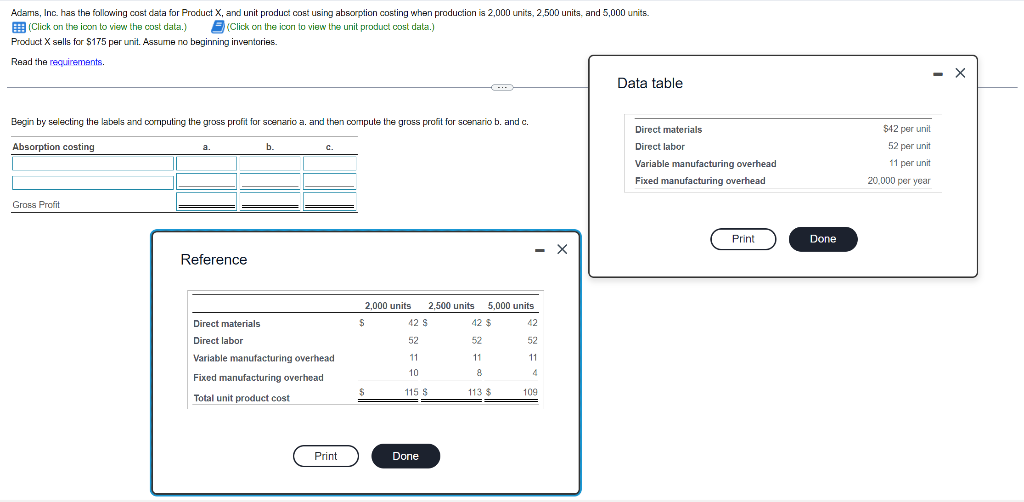 Adams, Inc. has the following cost data for Product X, and unit product cost using absorption costing when production is 2,000 units, 2,500 units, and 5,000 units.
(Click on the icon to view the cost data.) (Click on the icon to view the unit product cost data.)
Product X sells for $175 per unit. Assume no beginning inventories.
Read the requirements.
Data table
Begin by selecting the labels and computing the gross profit for scenario a. and then compute the gross profit for scenario b. and c.
Absorption costing
a.
b.
C.
Gross Profit
Reference
2,000 units
2,500 units 5,000 units
42 $
42
52
52
11
11
Direct materials
Direct labor
Variable manufacturing overhead
Fixed manufacturing overhead
Total unit product cost
Print
$
$
42 S
52
11
10
115 $
Done
8
113 $
4
109
Direct materials
Direct labor
Variable manufacturing overhead
Fixed manufacturing overhead
Print
Done
$42 per unit
52 per unit
11 per unit
20,000 per year