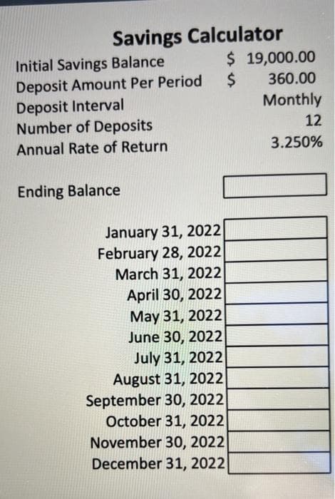 Savings Calculator
Initial Savings Balance
Deposit Amount Per Period
Deposit Interval
Number of Deposits
Annual Rate of Return
Ending Balance
January 31, 2022
February 28, 2022
March 31, 2022
April 30, 2022
May 31, 2022
June 30, 2022
July 31, 2022
August 31, 2022
September 30, 2022
October 31, 2022
November 30, 2022
December 31, 2022
$ 19,000.00
$
360.00
Monthly
12
3.250%