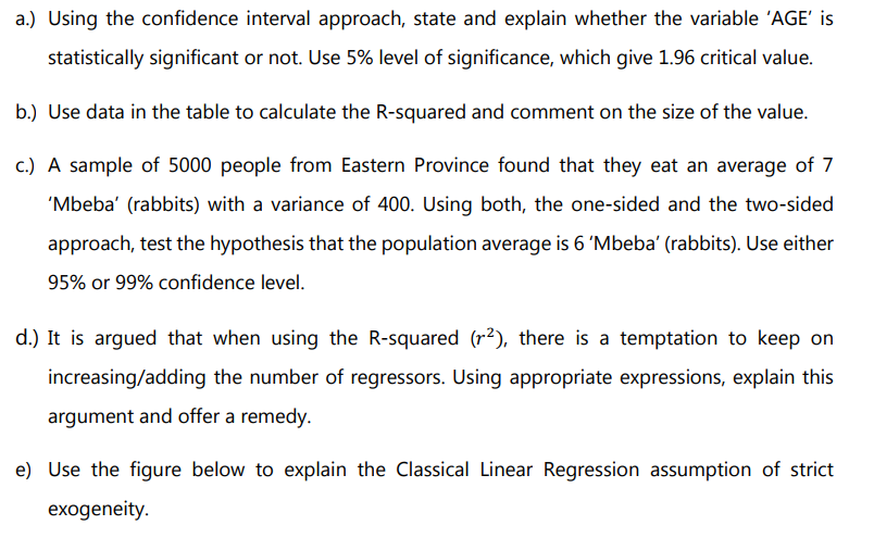 a.) Using the confidence interval approach, state and explain whether the variable 'AGE' is
statistically significant or not. Use 5% level of significance, which give 1.96 critical value.
b.) Use data in the table to calculate the R-squared and comment on the size of the value.
c.) A sample of 5000 people from Eastern Province found that they eat an average of 7
'Mbeba' (rabbits) with a variance of 400. Using both, the one-sided and the two-sided
approach, test the hypothesis that the population average is 6 'Mbeba' (rabbits). Use either
95% or 99% confidence level.
d.) It is argued that when using the R-squared (r²), there is a temptation to keep on
increasing/adding the number of regressors. Using appropriate expressions, explain this
argument and offer a remedy.
e) Use the figure below to explain the Classical Linear Regression assumption of strict
exogeneity.