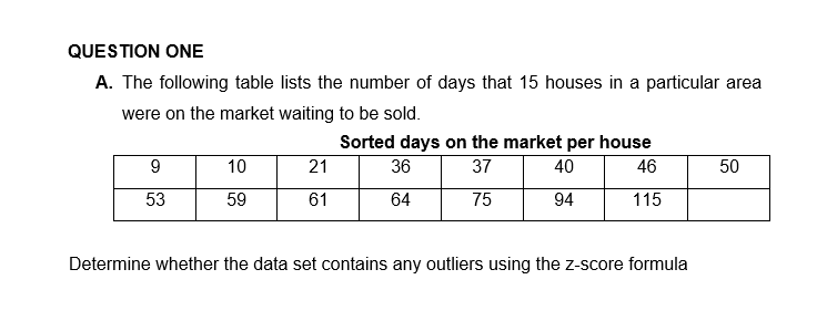 QUESTION ONE
A. The following table lists the number of days that 15 houses in a particular area
were on the market waiting to be sold.
Sorted days on the market per house
36
37
40
46
64
75
94
115
9
53
10
59
21
61
Determine whether the data set contains any outliers using the z-score formula
50