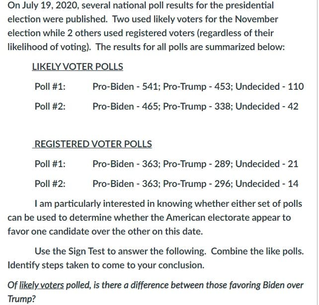 On July 19, 2020, several national poll results for the presidential
election were published. Two used likely voters for the November
election while 2 others used registered voters (regardless of their
likelihood of voting). The results for all polls are summarized below:
LIKELY VOTER POLLS
Poll #1:
Pro-Biden - 541; Pro-Trump - 453; Undecided - 110
Poll #2:
Pro-Biden - 465; Pro-Trump - 338; Undecided - 42
REGISTERED VOTER POLLS
Poll #1:
Pro-Biden - 363; Pro-Trump - 289; Undecided - 21
Poll #2:
Pro-Biden - 363; Pro-Trump - 296; Undecided - 14
I am particularly interested in knowing whether either set of polls
can be used to determine whether the American electorate appear to
favor one candidate over the other on this date.
Use the Sign Test to answer the following. Combine the like polls.
Identify steps taken to come to your conclusion.
Of likely voters polled, is there a difference between those favoring Biden over
Trump?
