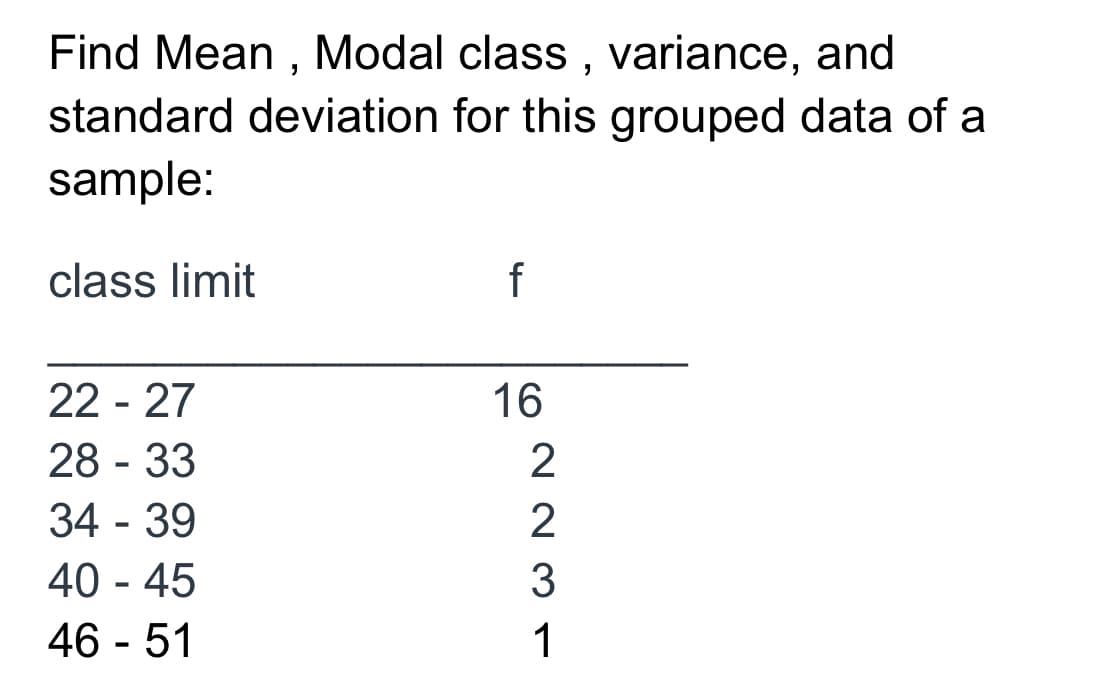 Find Mean , Modal class , variance, and
standard deviation for this grouped data of a
sample:
class limit
f
22 - 27
28 - 33
34 - 39
16
40 - 45
46 - 51
IN31
